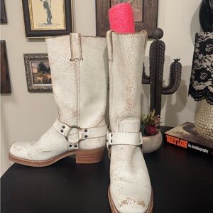 White FRYE Distressed Leather Cowboy Boots